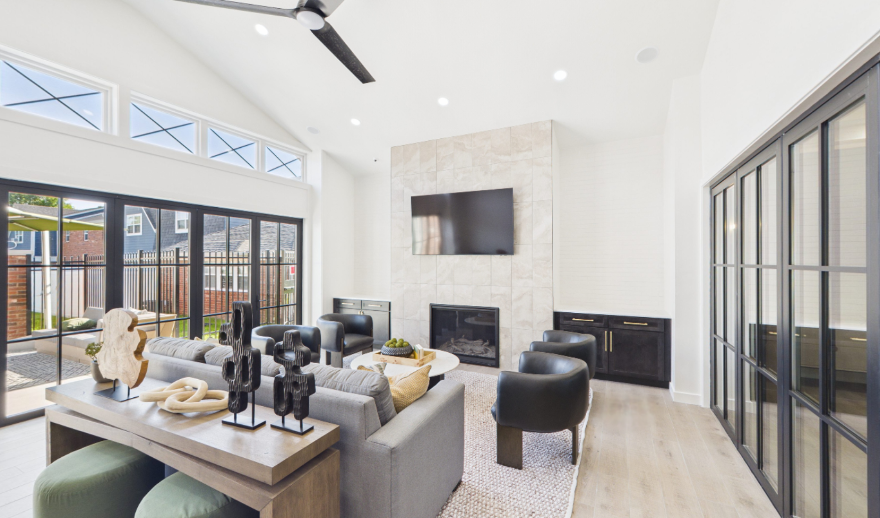 Lounge with furniture and fireplace