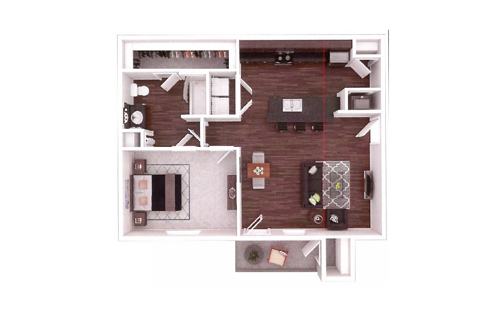 The Axle - 1 bedroom floorplan layout with 1 bath and 709 square feet.