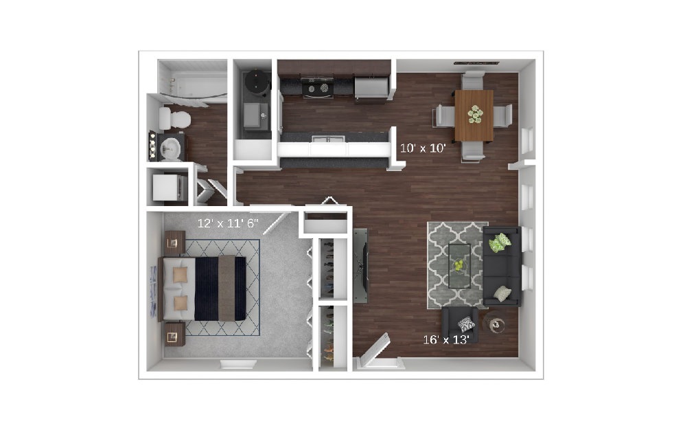 The Bellows - 1 bedroom floorplan layout with 1 bath and 640 square feet.