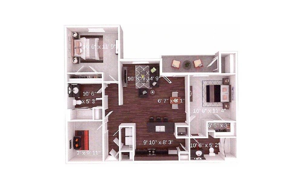 The Boiler - 2 bedroom floorplan layout with 2 baths and 1069 square feet.