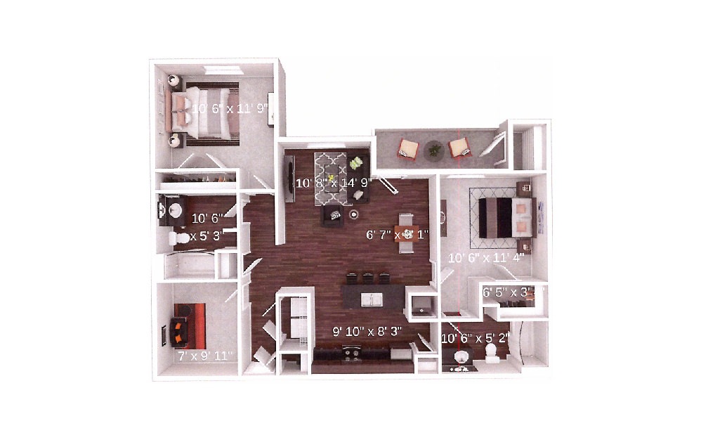 The Boiler - 2 bedroom floorplan layout with 2 bathrooms and 1069 square feet