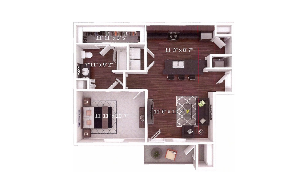 The Cabin - 1 bedroom floorplan layout with 1 bath and 683 square feet.