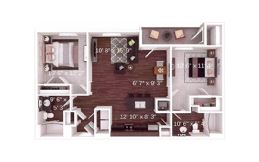 The Junction - 2 bedroom floorplan layout with 2 baths and 974 square feet.